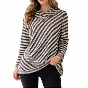 Ruby Rd Cowl Neck Striped Sweater L Black Ivory Cozy Tunic Lagenlook Cabincore